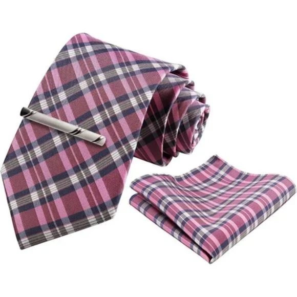Mens Ties Set in Gift Box/ Plaid Pink Checkered Tie Set Gift for Men - Picture 3 of 5